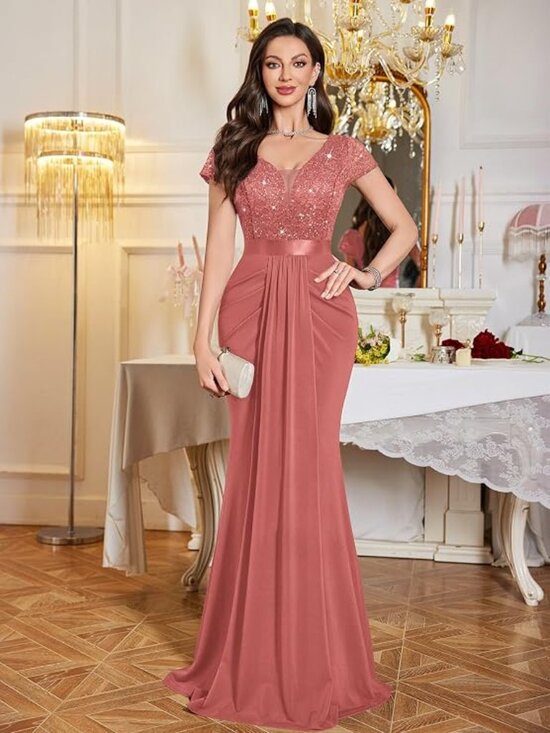 Dresses & Skirts - Women's Deep V-Neck Lace Sequin Pleated Evening Formal Dress  Cinnamon Pink